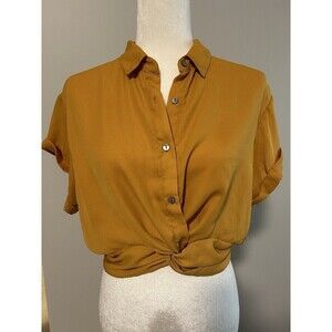 SHINESTAR Mustard Yellow Elastic Waist Button Up Crop Short Sleeve Large